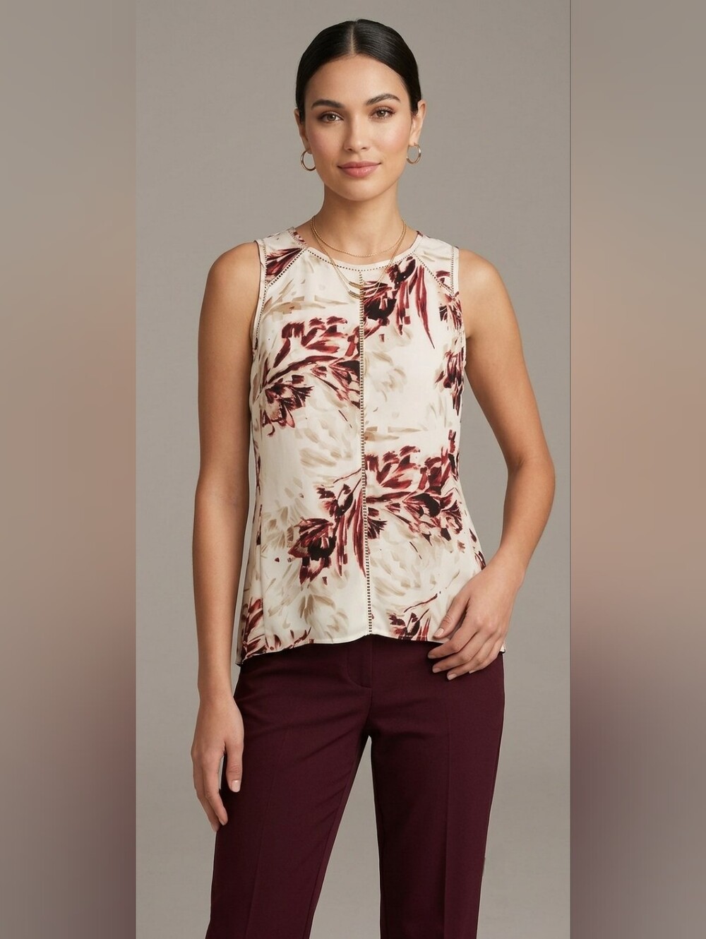 DEX Floral Shell Top Ecru Burgundy Ladder Trim Boho Career Tank Small